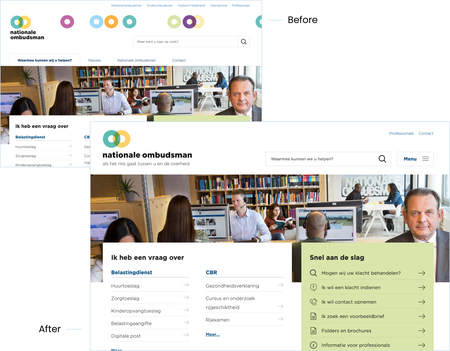 Voorbeeld van de header van de Nationale ombudsman voor en na het gebruikersonderzoek