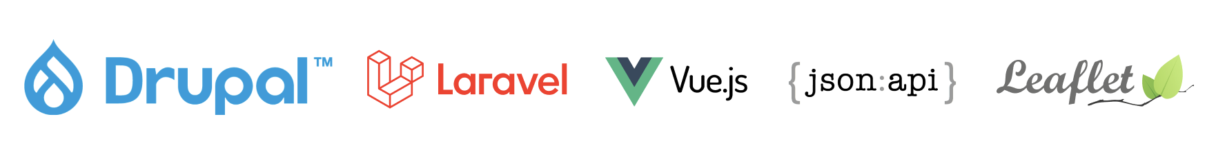 Logo's van Drupal, Laravel, VueJs, JSON:API en Leaflet
