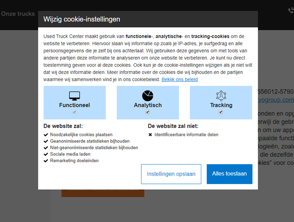 Een voorbeeld van van een uitgebreide cookiemelding van usedtruckcenter.nl