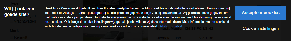 Een voorbeeld van een cookiemelding van usedtruckcenter.nl