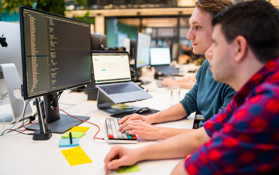 Twee mensen kijken naar computer scherm