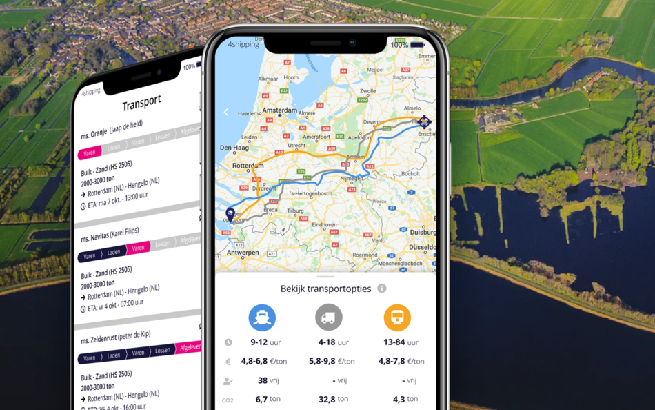 Telefoon met de 4shipping app en een rivierenlandschap op de achtergrond