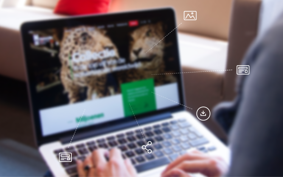 Laptop met website en iconen van verschillende type content