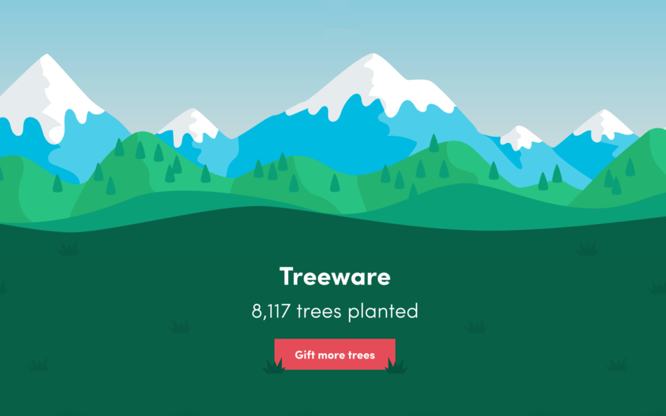 Screenshot of Treeware website showing number of planted trees