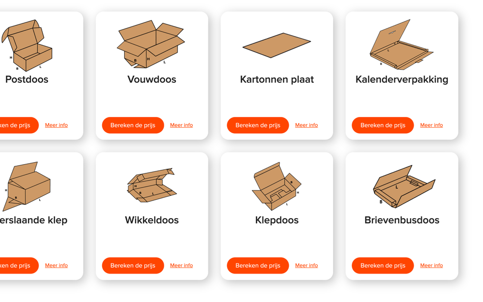 Screenshot van dozen op de website van doosopmaat.nl