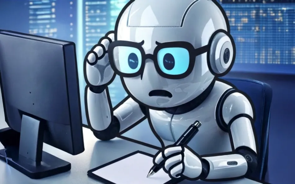 AI agent zit voor een scherm en schrijft in notitieboek