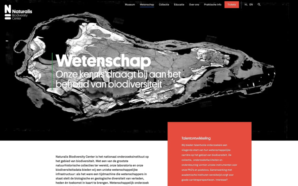 Een screenshot van de Wetenschap pagina op naturalis.nl