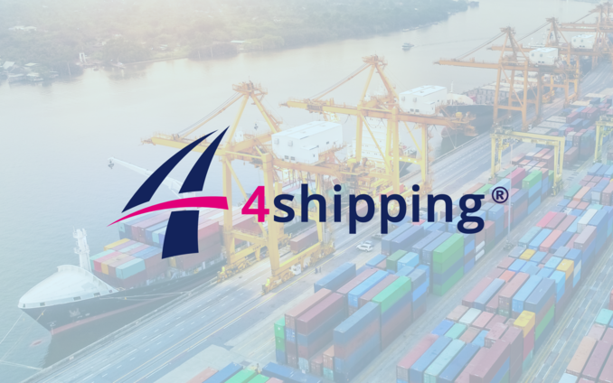 Logo van 4shipping met op de achtergrond een vrachtschip in de haven