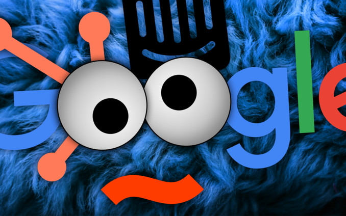 Abstracte weergave van Cookie Monster met elementen van de logo's van Google, Hubspot, Hotjar en Intercom