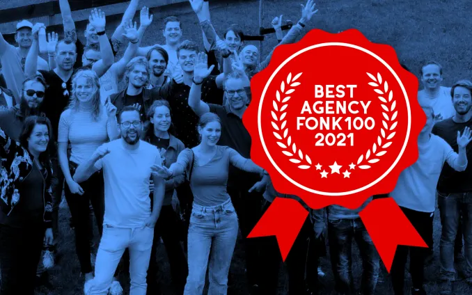 Juichende mensen bij SWIS en de Best Agency FONK100 badge